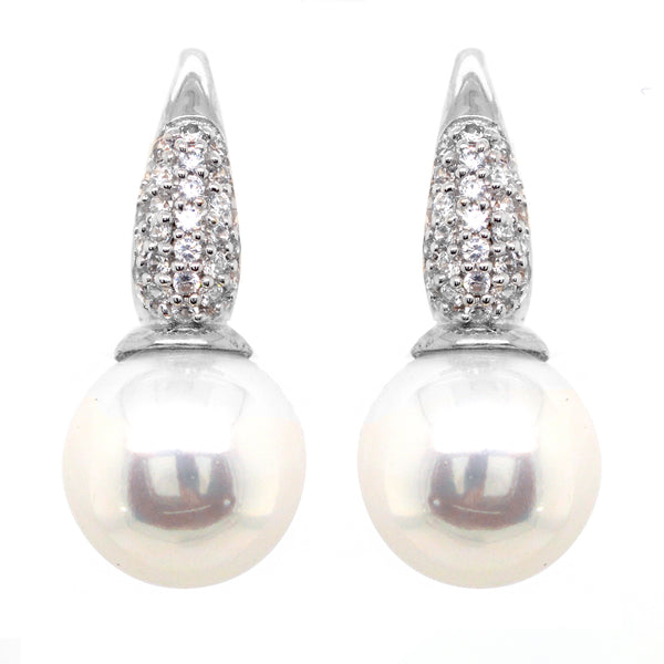 E272-RH - Rhodium pave cz & 12mm pearl earrings on french hook