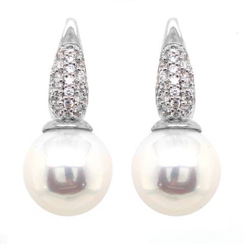 E272-RH - Rhodium pave cz & 12mm pearl earrings on french hook