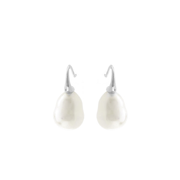 E624-701RH - White Baroque Pearl Earrings on Rhodium French Hook