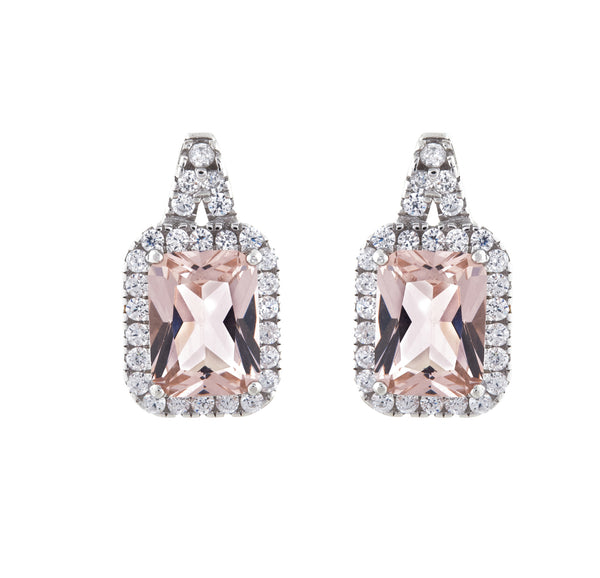 E2021-P - Rhodium, rectangle pink cz earrings