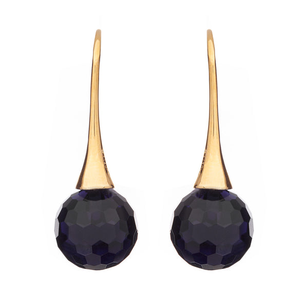 E65-SGP - Gold plate facetted sapphire ball earrings on long hook