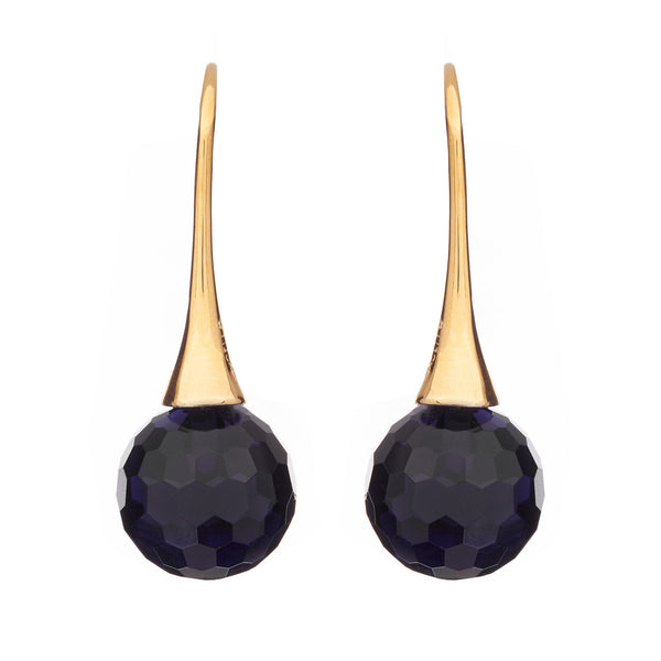 E65-SGP - Gold plate facetted sapphire ball earrings on long hook