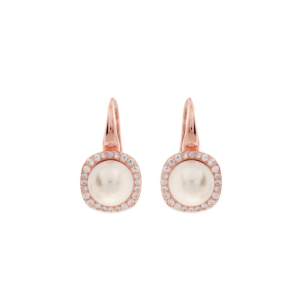 E798-RG - Rose Gold Square Set CZ & Pearl Earrings on Hook