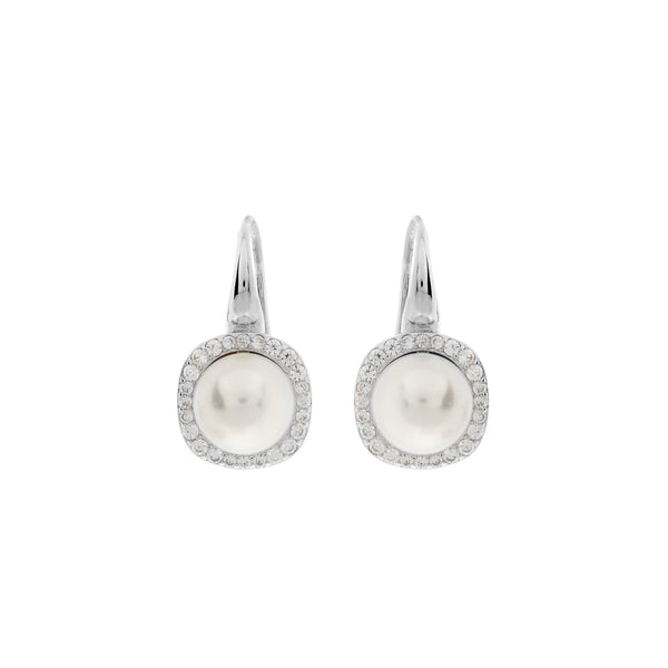 E798-RH - Rhodium Square Set CZ & Pearl Earrings on Hook
