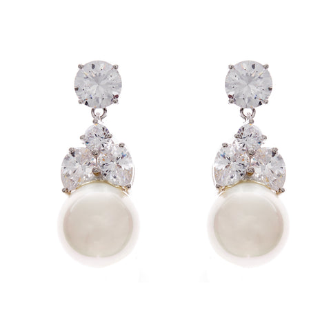 E1138 - Rhodium cz & 12mm white pearl earrings