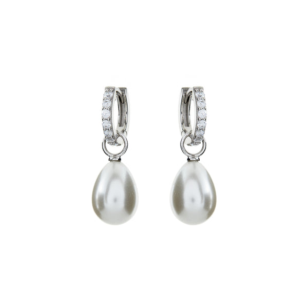 E1906-RH - Rhodium cz hoop & baroque pearl drop earrings