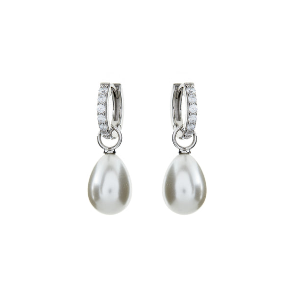 E1906-RH - Rhodium cz hoop & baroque pearl drop earrings