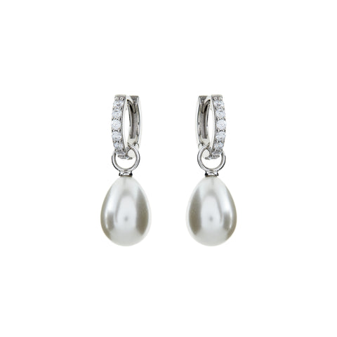 E1906-RH - Rhodium cz hoop & baroque pearl drop earrings