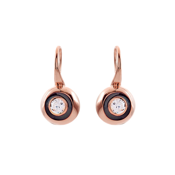 E2024-RG - Rose gold plate, black & clear cz earrings on french hook