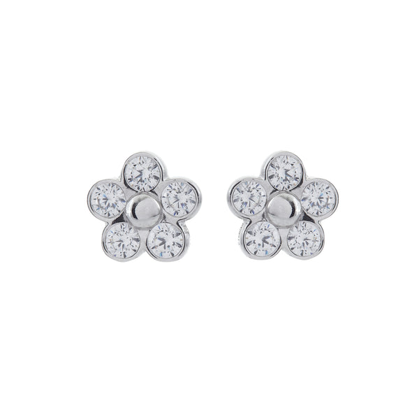 E50-RH - Silver flower bezel cubic zirconia studs