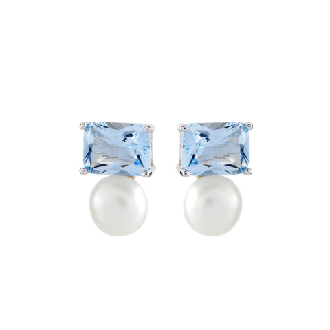 E7392-B - Rectangle blue cz & pearl earrings