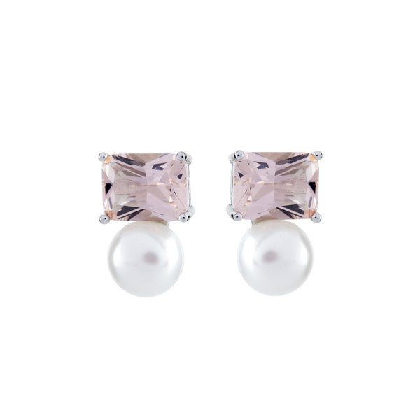 E7392-M - Rectangle pink & pearl earrings