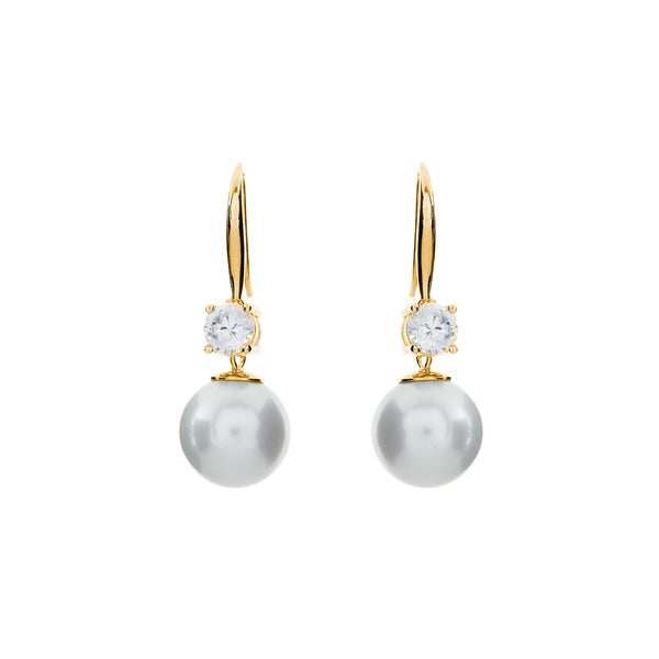 E89-701GP- Gold plate, 12mm white pearl & claw set cz on long hook earrings