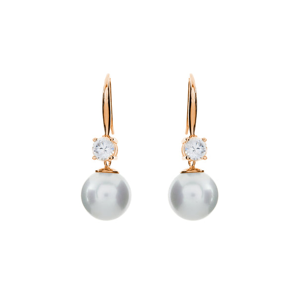 E89-701RG- Rose gold plate, 12mm white pearl & claw set cz on long hook earrings