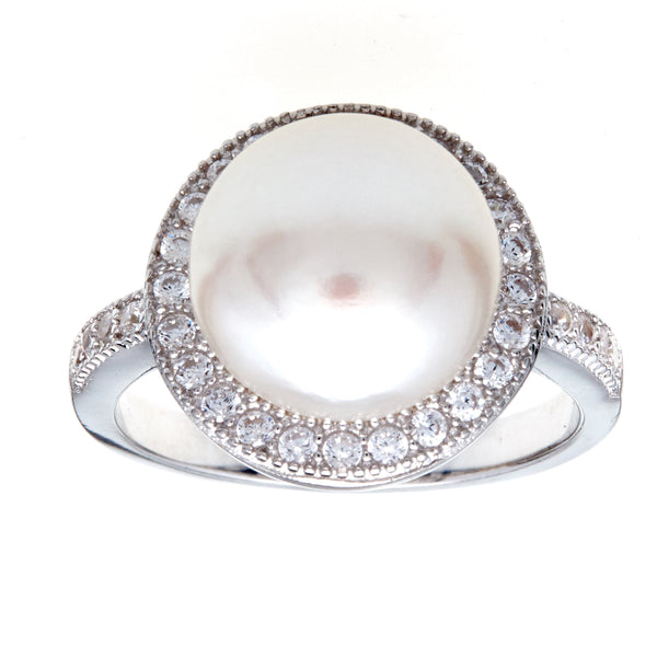 R7612 - Rhodium freshwater pearl and cz ring