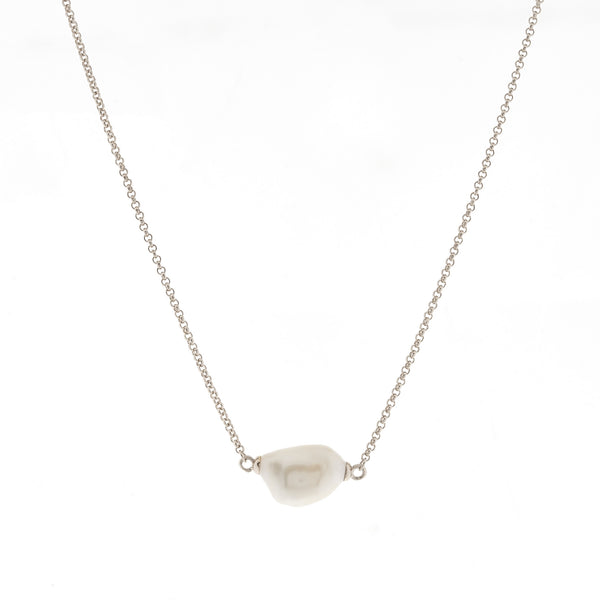 N93-RH - Large Keshi Pearl on Rhodium Rolo Chain Necklace