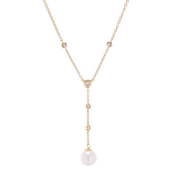 N781-GP - Gold plate pearl and cubic zirconia drop necklace