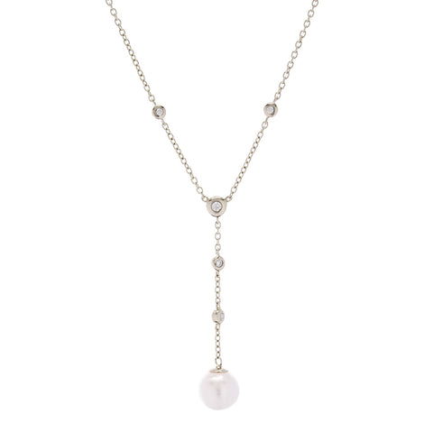 N781-RH - Rhodium pearl and cubic zirconia drop necklace
