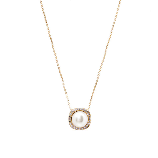 N798-GP - Gold Square Set CZ & Pearl Necklace