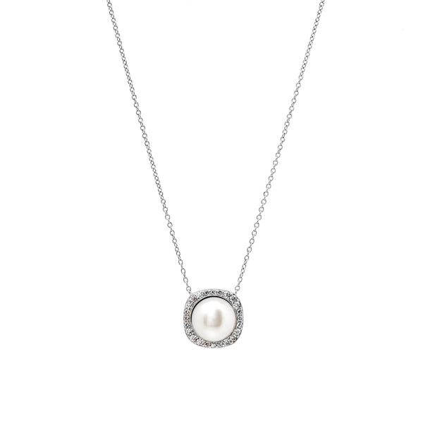 N798-RH - Rhodium Square Set CZ & Pearl Necklace