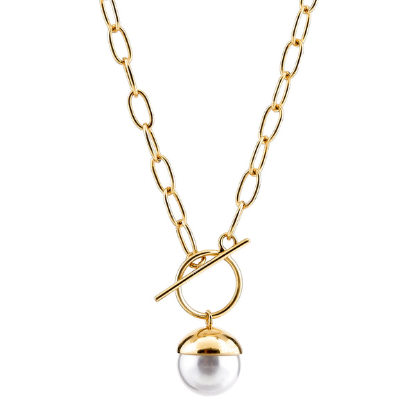 N402-GP - Gold large link necklace with 14mm white pearl drop
