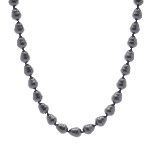 N608BAR - 12 x 15mm black baroque pearl necklace with silver cz ball clasp