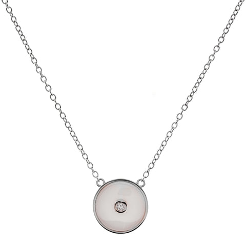 N2872-WRH - White rhodium round cz pendant on fine silver chain