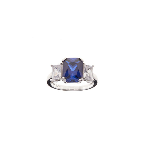 R240-S - Rhodium Sapphire & Clear CZ Emerald Cut Ring