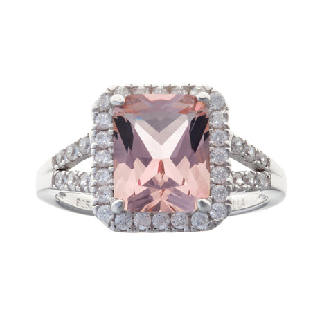 R2021-P - Rhodium, rectangle pink cz dress ring