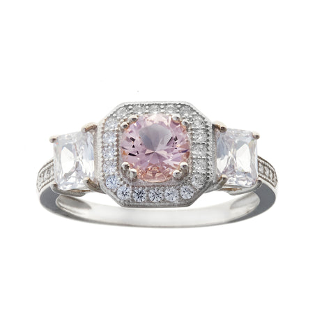 R991 - Pink & clear cz rhodium ring