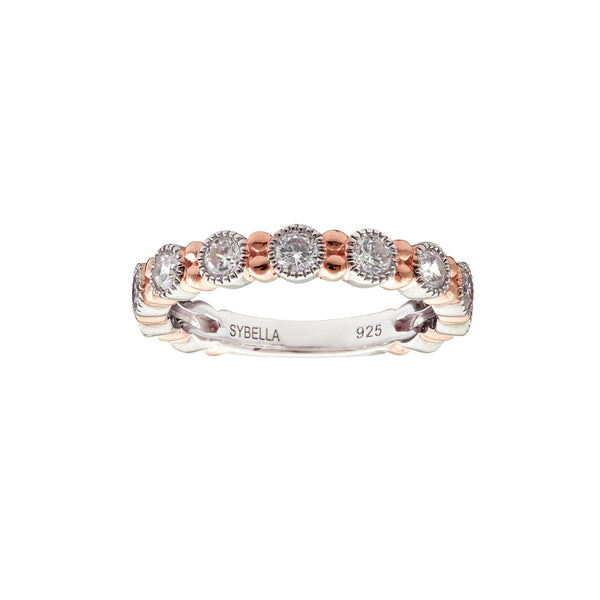 R1786-RG - Two tone, rose gold & rhodium plate cz band ring
