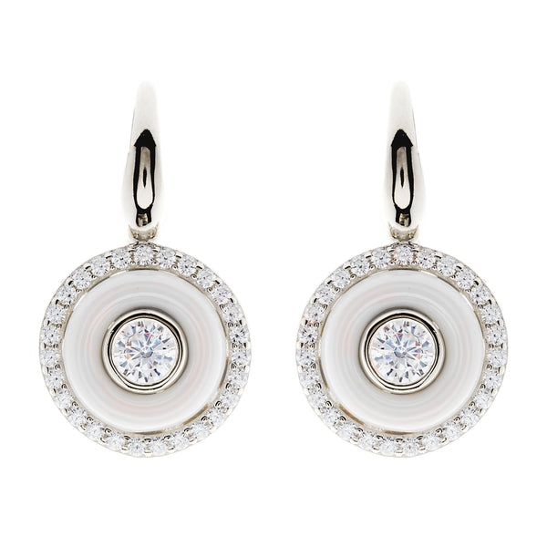 E261-WRH - Rhodium white ceramic and cz earrings