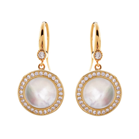E2019-GP - Yellow gold & white mother pearl & cz earrings