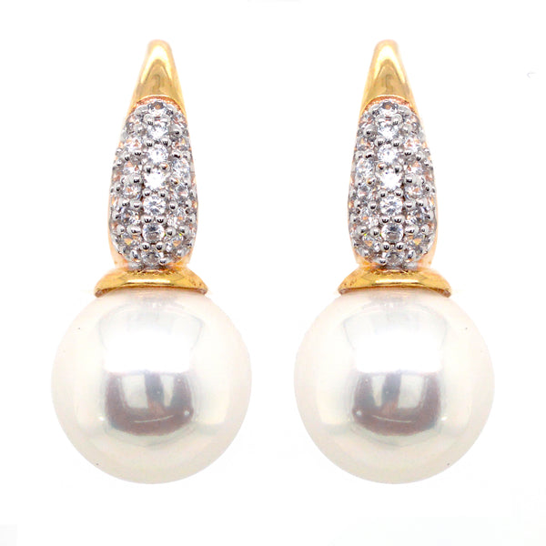 E272-YG - Yellow gold pave cz & 12mm pearl earrings on french hook