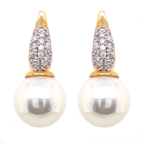 E272-YG - Yellow gold pave cz & 12mm pearl earrings on french hook