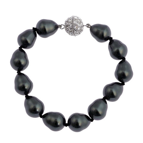 B608BAR- Black Baroque pearl bracelet with silver cz ball clasp