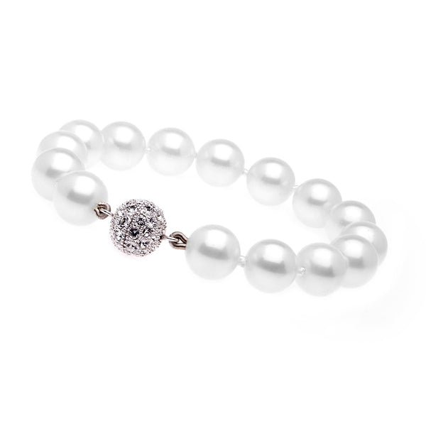 B701 - 12mm white pearl bracelet with silver cubic zirconia ball clasp -
