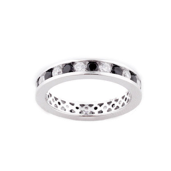 Sterling silver, rhodium plated black & white cubic zirconia eternity band - R5163