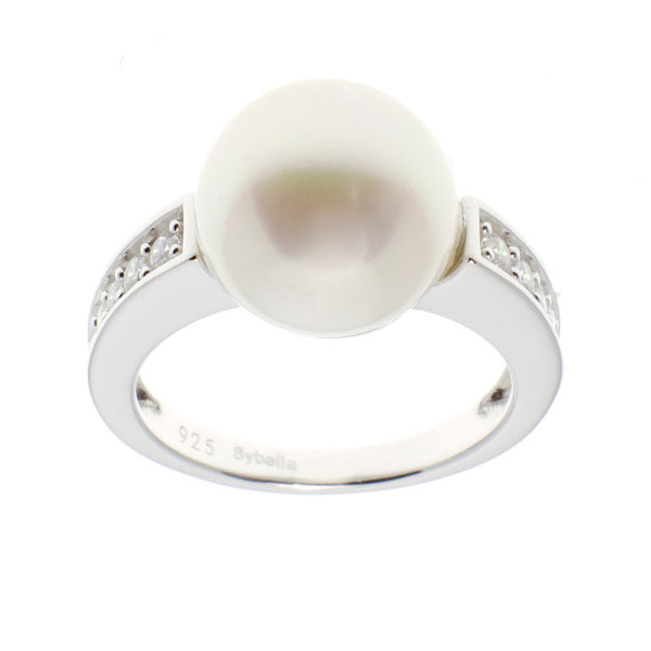 R1206 - Sterling silver, rhodium plate cubic zirconia and white button pearl ring