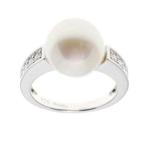 R1206 - Sterling silver, rhodium plate cubic zirconia and white button pearl ring