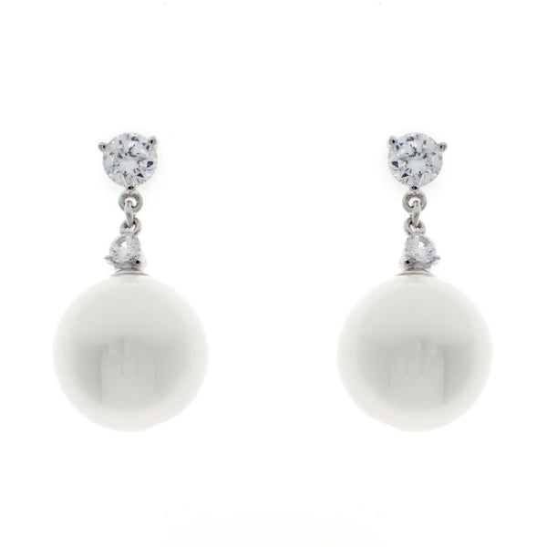 E1213 - Rhodium plate claw set stud with 14mm pearl drop earrings
